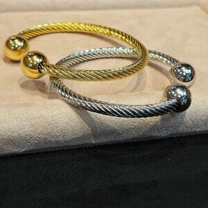 C-shaped Opening Boho Braided Rope Double Ball Stainless Steel Bangle Doble Bola